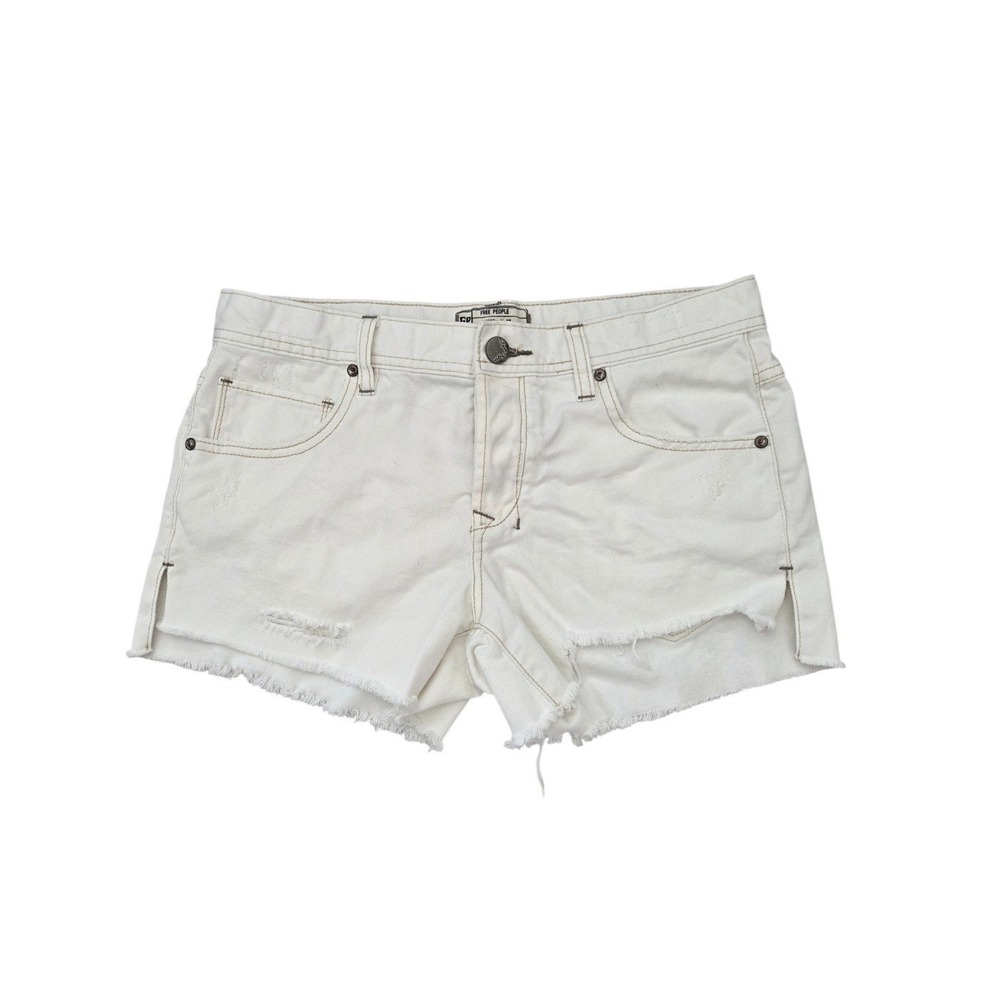 Free People Button Fly Jean Shorts 27 Denim Cut Off Raw Fray Hem White Festival